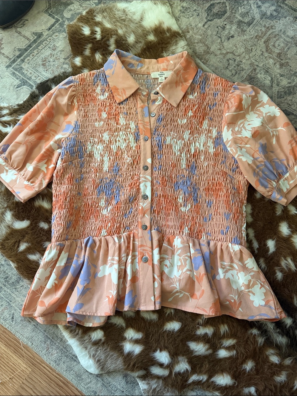 entro Peach Floral Smocked Button-Down Peplum Top